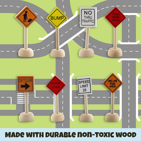 Toy Wooden Road Construction Traffic Sign Set; Street Signs for Small Toy Cars and Diecast Vehicles