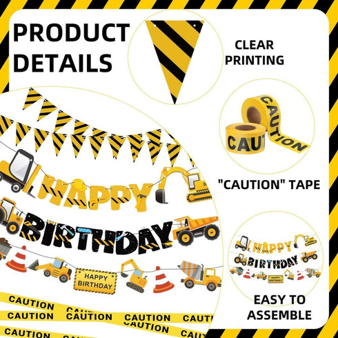 FIGEPO Set Construction Party Supplies Dump Truck Party Decorations with caution tape, construction pennant flags