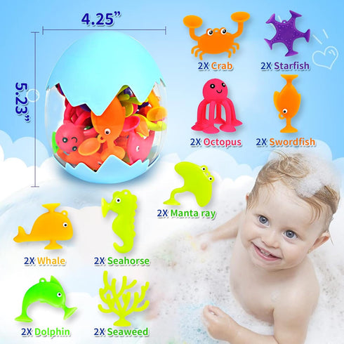 Suction Bath Toys for Kids, 18 Pcs Silicone Ocean Animal Suction Cup Toys with Eggshell & Bag for Toddlers