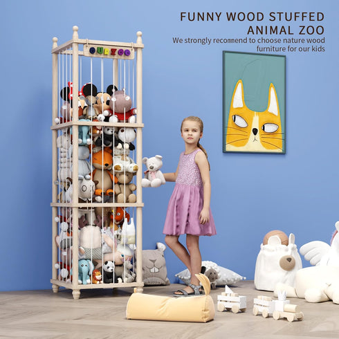 57" 3D Stuffed Animal Storage, Tall Wooden Toy Organizer with Sign, Upgraded Thicker Solid Pine Plushie Holder, Large