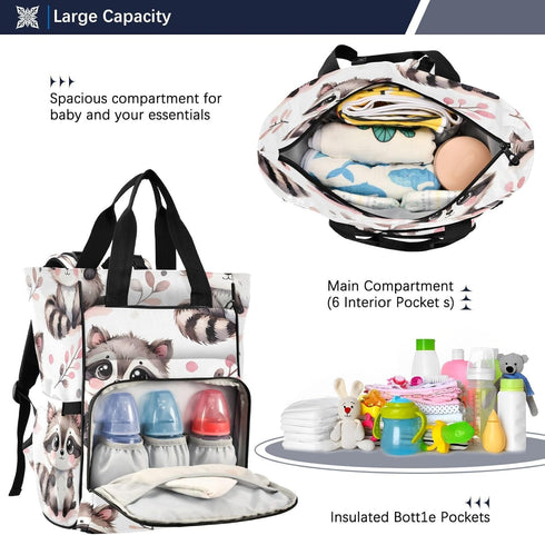 YANENDIE Backpack, Backpack Backpack Kawaii Raccoon Pattern Diaper Bag Unisex Travel Baby Diaper Bags with Stroller