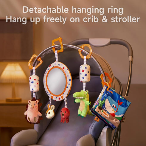 3 6 9 12 Set, TUMAMA Car Seat Toys Months, Plush Animal Rattle Mirror Soft Crinkle Book Baby Enlightenment Toy Newborn