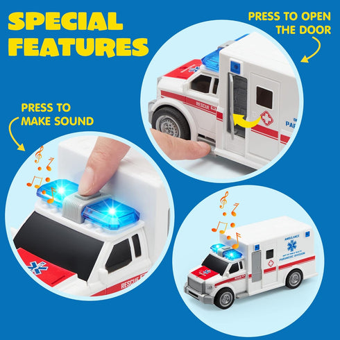 JOYIN 4 Packs Emergency Vehicle Toy Playsets, Friction Powered Vehicles with Light and Sound, Including Fire Truck,