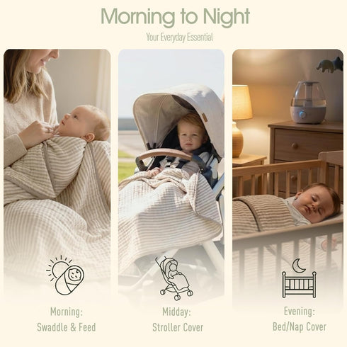43x43 Inches Ultra Soft Muslin Baby Blanket - Made with Organic Cotton, Gender Neutral Warm Coffee Striped Jacquard