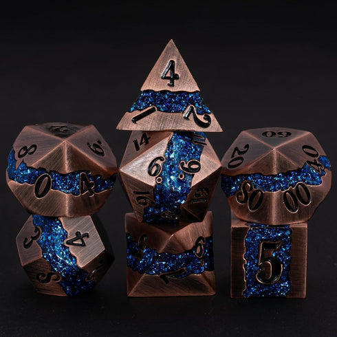 Metal DND Polyhedral Dice - Large Stripe Glitter Metallic 7pcs Set for Role Playing Games