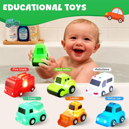 JoiTale 6 Pack 1 2 3 Baby Bath Toys, Light Up Cars Bath Toys, No Hole No Mould Bathtub Toy for Year Olds, Flashing LED