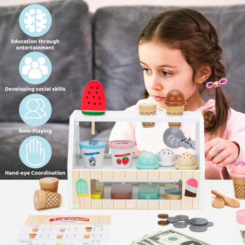 Counter 3 4 5 6 ZJEFUNS Wooden Ice Cream Toys for Kids Ice Cream Shop for Toddlers Pretend Play Food Scoop and Serve