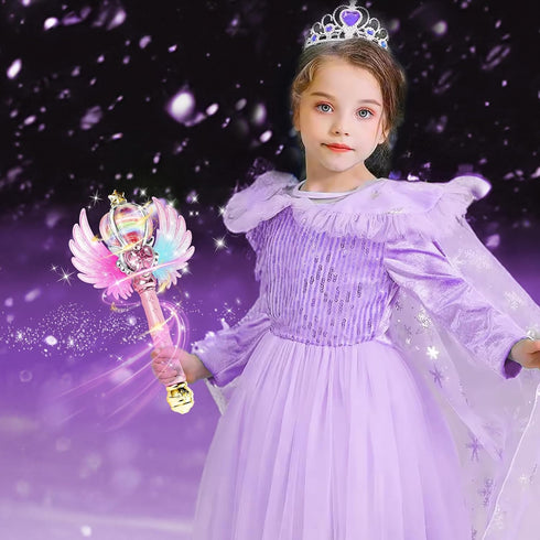Light Up Snowflake Wand - Spinning LEDs and Sound Magic Princess Toy for Kids, Birthday Cosplay Party Favors, Pink