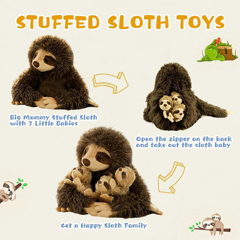 11.02" 3 Sloth Plush Animal, Cute Stuffed Sloth with Baby Sloths, Easter Stuffed Sloth Animal, Washable Plush Toys