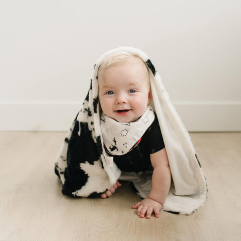 Cow Print Plush Baby Blanket, White Back, Black and White, 30 in x 40 in