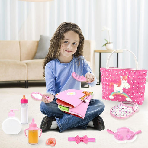 BNUZEIYI Baby Doll Accessories - Feeding & Caring Set with Diaper Bag & Bottles for Girls, Fits 14-16 Inch & 18 Inch