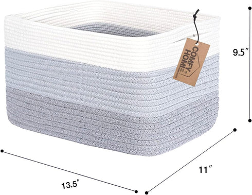 COMFY-HOMI Cotton Rope Woven Basket, 13.5"x11"x9.5" Toy Organizer with Handles for Shelves, White/3Tone Grey