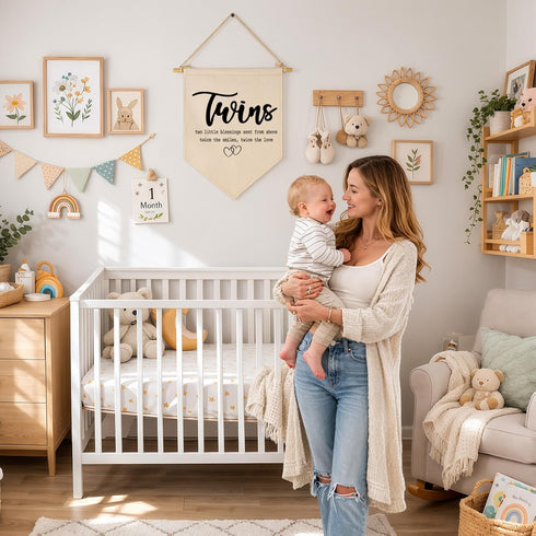 FYSIA Twin Room Sign-Twins Two Little Blessings-Canvas Hanging Pennant Flag Banner Wall Sign Decor Gift for Nursery