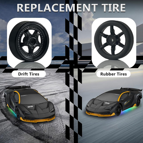 2.4GHz 1:24 4WD 15KM/H 2Pcs Remote Control Car RC Drift Car High Speed Racing Sport Car with LED Lights Drifting Tire