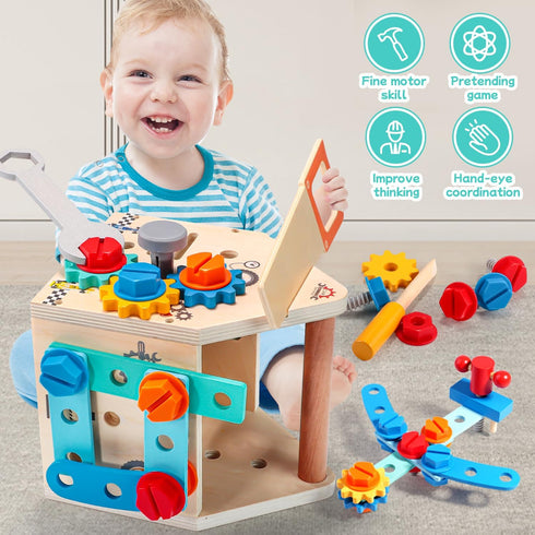 Set 33 3 Set GAIETYDIY Toddler Tool - PCS Wooden Kids Tools with Box/Bench/Tool House, Montessori Educational Pretend