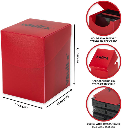 Vault X Trading Card Deck Box with 150 Black Card Sleeves, Fits 100+ Sleeved Cards, Storage Box for TCG (Red)