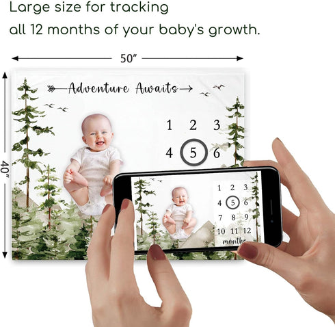 Adventure Awaits Baby Milestone Blanket with Birth Stat Sign, Mountain Baby Growth Chart Monthly Blanket, Watch Me Grow Adventure Baby Nursery for New Moms Baby Shower(50"x40") by Yuzioey