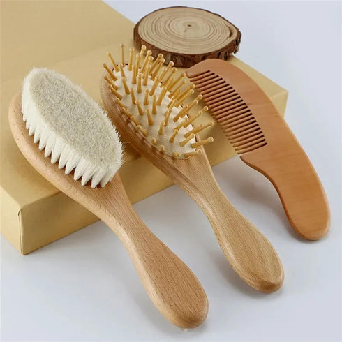 POLICK Newborn Baby Wooden Brush Baby Natural Wool Comb Newborn Hair Brush Infant Head Massager Portable Bath Brush