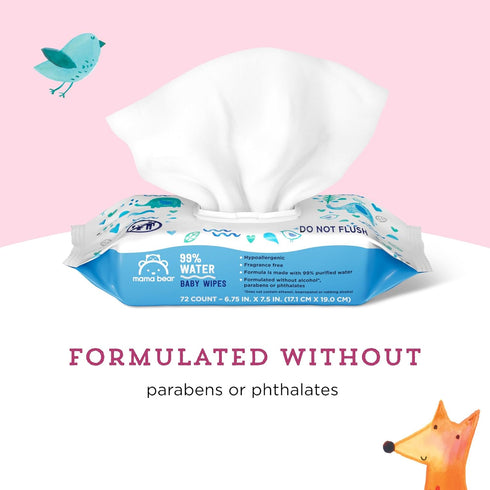 99% 72 Count Amazon Brand - Mama Bear Water Baby Wipes, Hypoallergenic,formulated without Fragrance