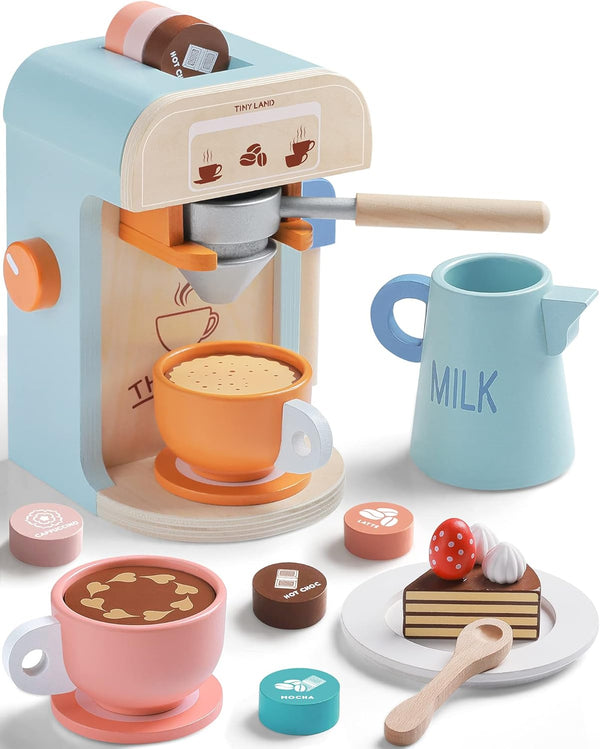 Tiny Land Kids Coffee Maker Wooden Kitchen Toys - 17Pcs Toy Coffee