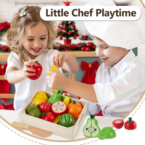 Sets 18 HERSITY Wooden Play Food for Kids Kitchen Cutting Fruits Toys Pretend Play for Toddlers Gift for Boys Girls