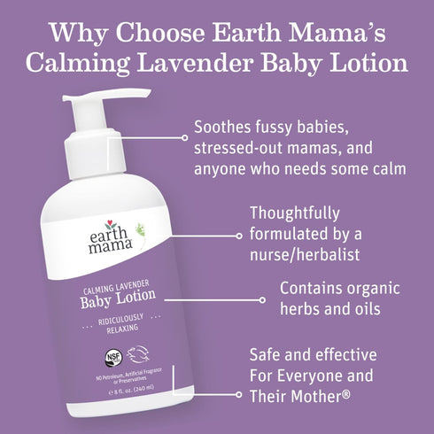 Earth Mama Calming Lavender Baby Lotion for Dry Skin, Calendula Cream for Newborn Skin Care, Organic Moisturizer for Children with Aloe Juice, Rooibos, & Shea Butter, Lavender Lotion, 8 Fl Oz