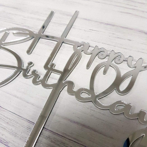Happy Birthday Cake Topper, Mirror Silver Acrylic for Birthday Party Decorations