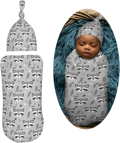 Sets Cute Raccoon Doodle Gray Newborn Swaddle Blankets Hat Soft Baby Receiving Blanket Swaddle Sack for Baby Shower