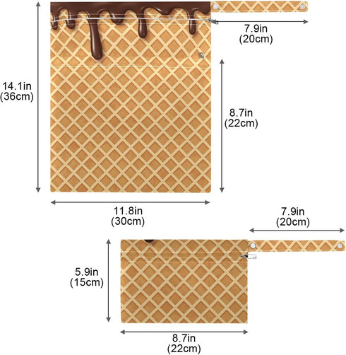 Burbuja 2 Pack, 2 Choco Ice Cream Cone Wet Dry Bags for Baby Cloth Diaper Waterproof Reusable Wet Bag with Zippered