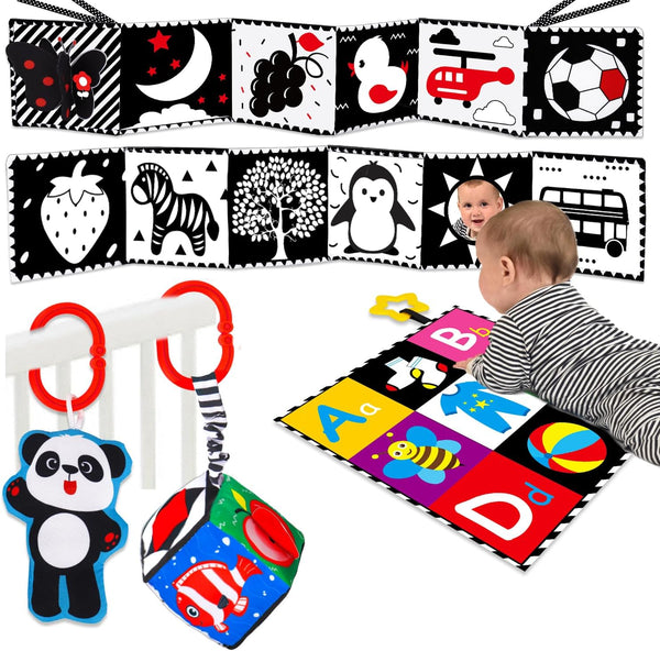 4 PCS High Contrast Black and White Baby Toys - Montessori Crinkle Sensory Book, Tummy Time Mirror, Rattle Gift