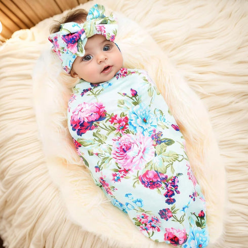 Galabloomer Receiving Blanket and Headband Set, Flower Print Baby Swaddle Blankets