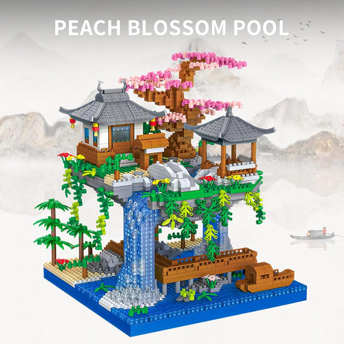 LQPFBSM Sets 2500 Cherry Blossom Treehouse Micro Mini Building Block Japanese Bonsai Tree Peach Blossom Pool