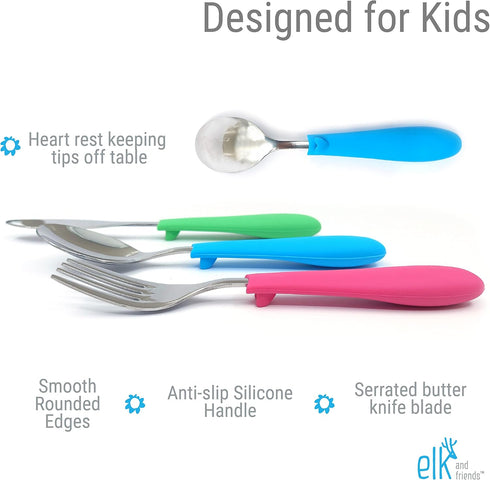 Elk and Friends Kids Silverware Set, Safe Flatware with Silicone Handle, Spoon + Fork + Knife, 6 Pieces