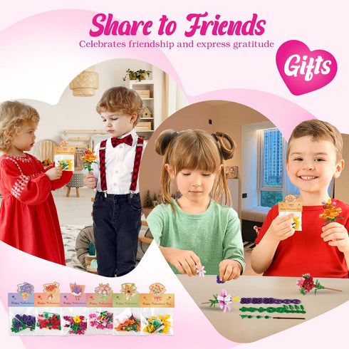 Deerher 24 Pack Prepacked Valentines Day Gifts for Kids - Valentine's Day Cards with Flower Building Blocks Crafts