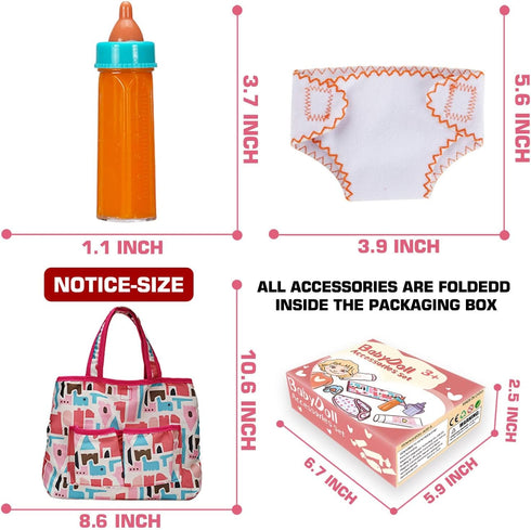 14 Pack Set Set Baby Doll Accessories, Baby Doll Feeding and Caring Includes Diaper Bag, Doll Diapers, Magic Bottle