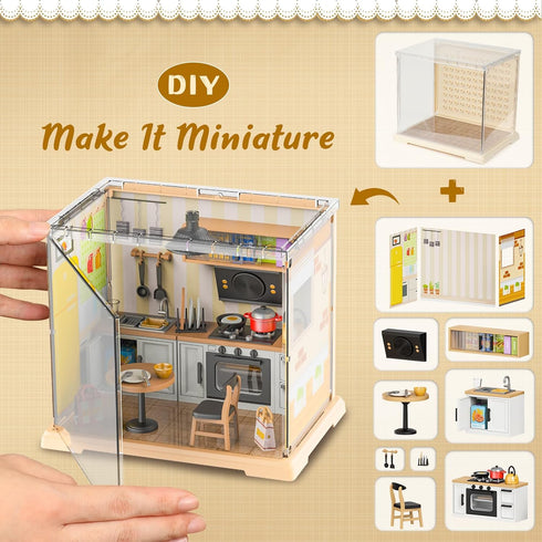 Kitchen Miniature House Kit, Mini Model Kits with Home Decor Furniture and LED, DIY Dollhouse Kit for Adults Teens