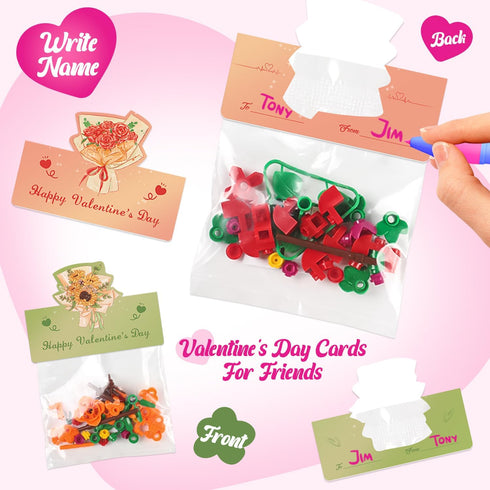 Deerher 24 Pack Prepacked Valentines Day Gifts for Kids - Valentine's Day Cards with Flower Building Blocks Crafts