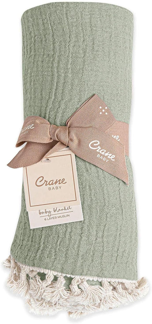 6-Layer 30" 40" Crane Baby Green Muslin Baby Blanket, Cotton Baby Swaddle, Soft Cotton Lightweight Nursery and Stroller