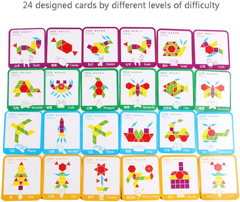 155 Pcs Wooden Pattern Blocks Set, Geometric Shape Puzzle for Kids Ages 4-8 with 24 Pcs Design Cards