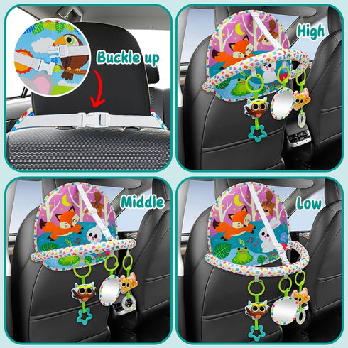 OKOOKO Rear Facing Car Seat Toy - Double-Sided Baby Travel Toy with Mirror, Plush Rattle Teether for Newborn Infant