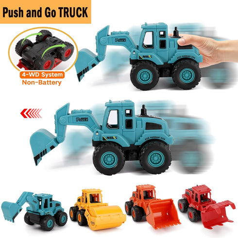 4Pcs Friction Powered Construction Truck Toys, Push and Go Vehicles for Outdoor Play, Gift for Boys Ages 3-8