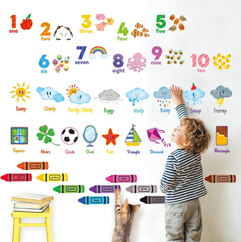 DS9-8056 DECOWALL Numbers Crayons Weather and Shape Wall Decals Stickers Kids Nursery Classroom Bedroom Room dcor
