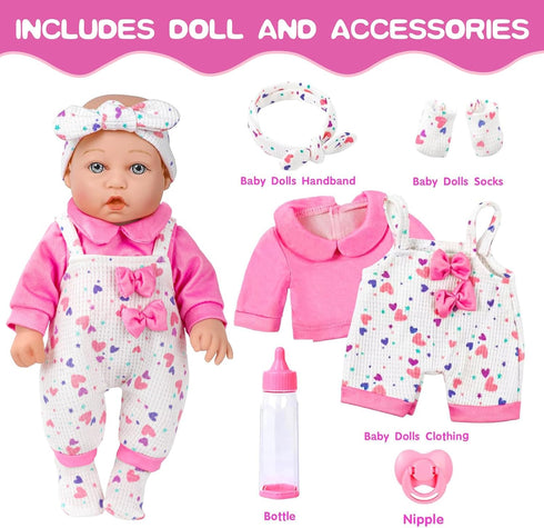 XFEYUE 12" Set,12 Inch 3+ Baby Doll with Pink Bowknot Clothing Realistic Baby Dolls with Clothes