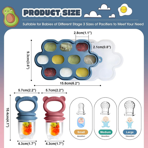 Set, 2 Packs Baby Food Feeder Fruit Feeder & Breastmilk Popsicle Molds Freezer Tray with Lid, Silicone Fruit Feeder
