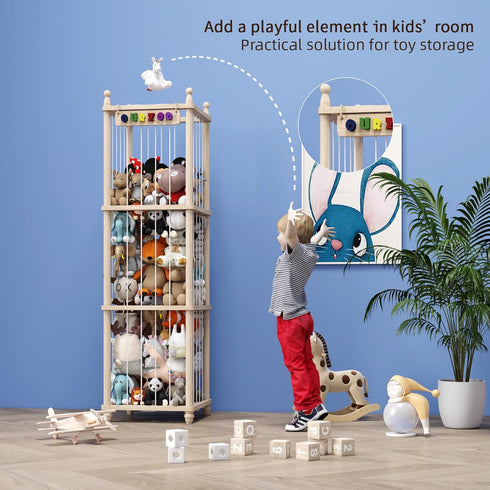 57" 3D Stuffed Animal Storage, Tall Wooden Toy Organizer with Sign, Upgraded Thicker Solid Pine Plushie Holder, Large