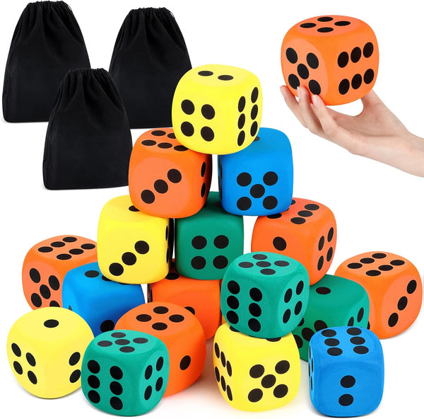 Meooeck 18 Pcs Large Eva Foam Dice, 3.15'' Assorted Colors Soft Dot Dice with Storage Bag