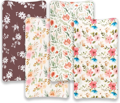 FIGEPO 4 Pack Set Baby Girl Changing Pad Covers Sheets Soft Fitted Floral or Elephant Theme Baby Girl Mattress Covers