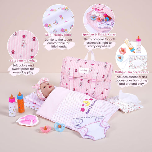 14 Set 12-15 Inch Set BABESIDE Pcs Baby Doll Accessories for Babydolls - Baby Doll Diaper Bag with Dolls Bedding
