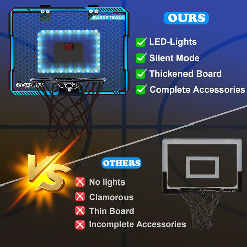 Indoor Basketball Hoop with LED Lights, Mini Basketball Toys for Kids 5-10+ Years, Over The Door with Scoreboard