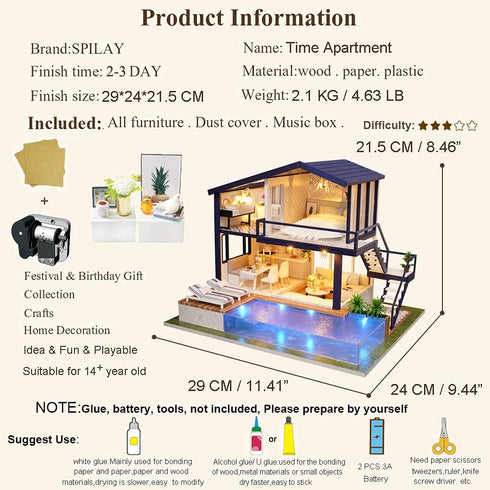 Spilay Dollhouse Miniature with Furniture - DIY Wooden Crafts Doll House Kit, 1:24 Scale Creative Room Gift with Music
